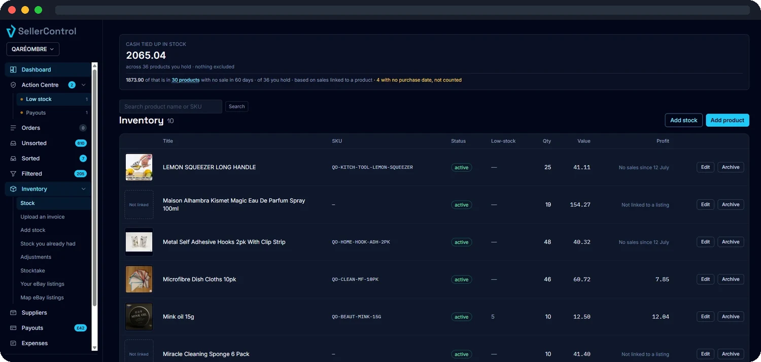 SellerControl showing stock with supplier costs
