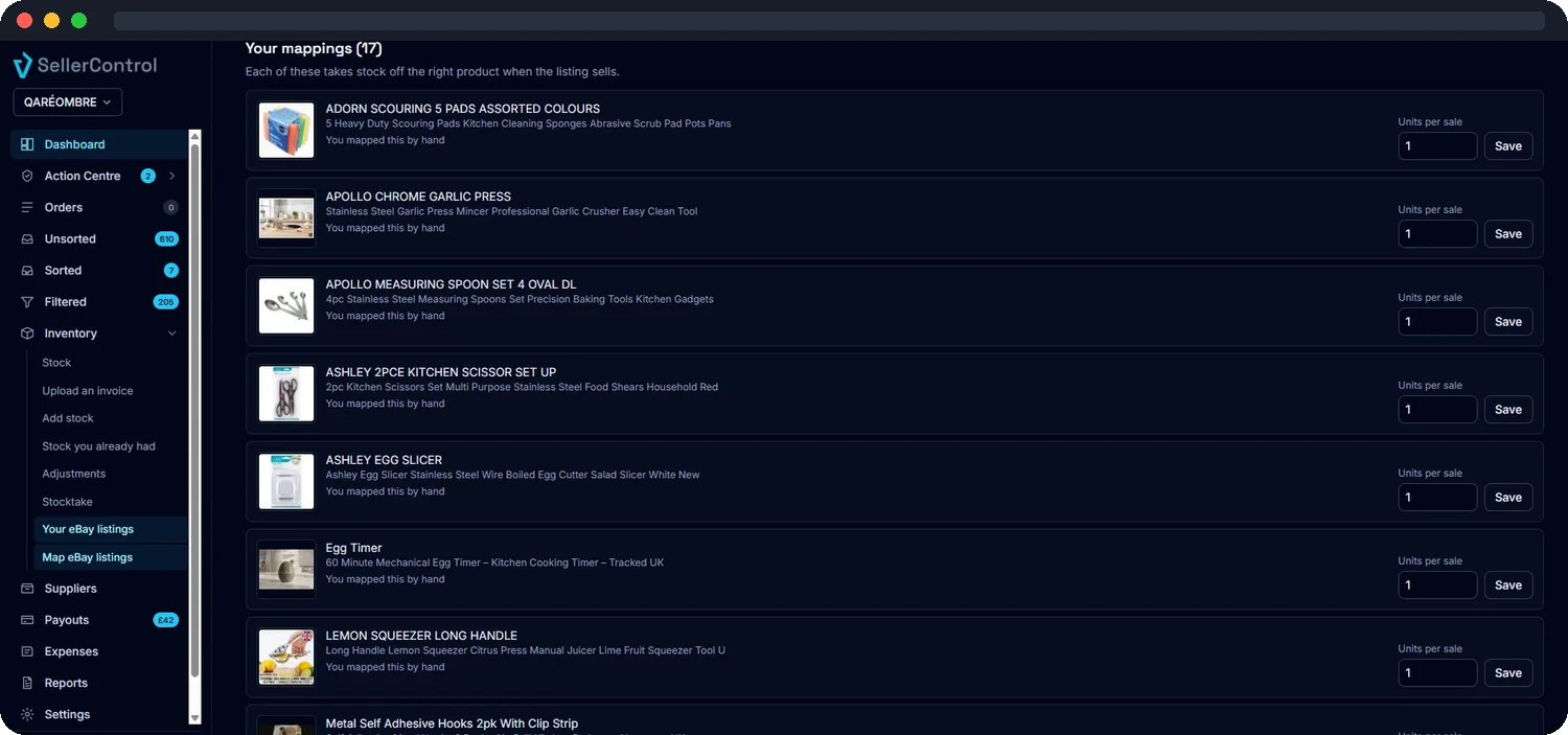 SellerControl showing listings mapped to stock