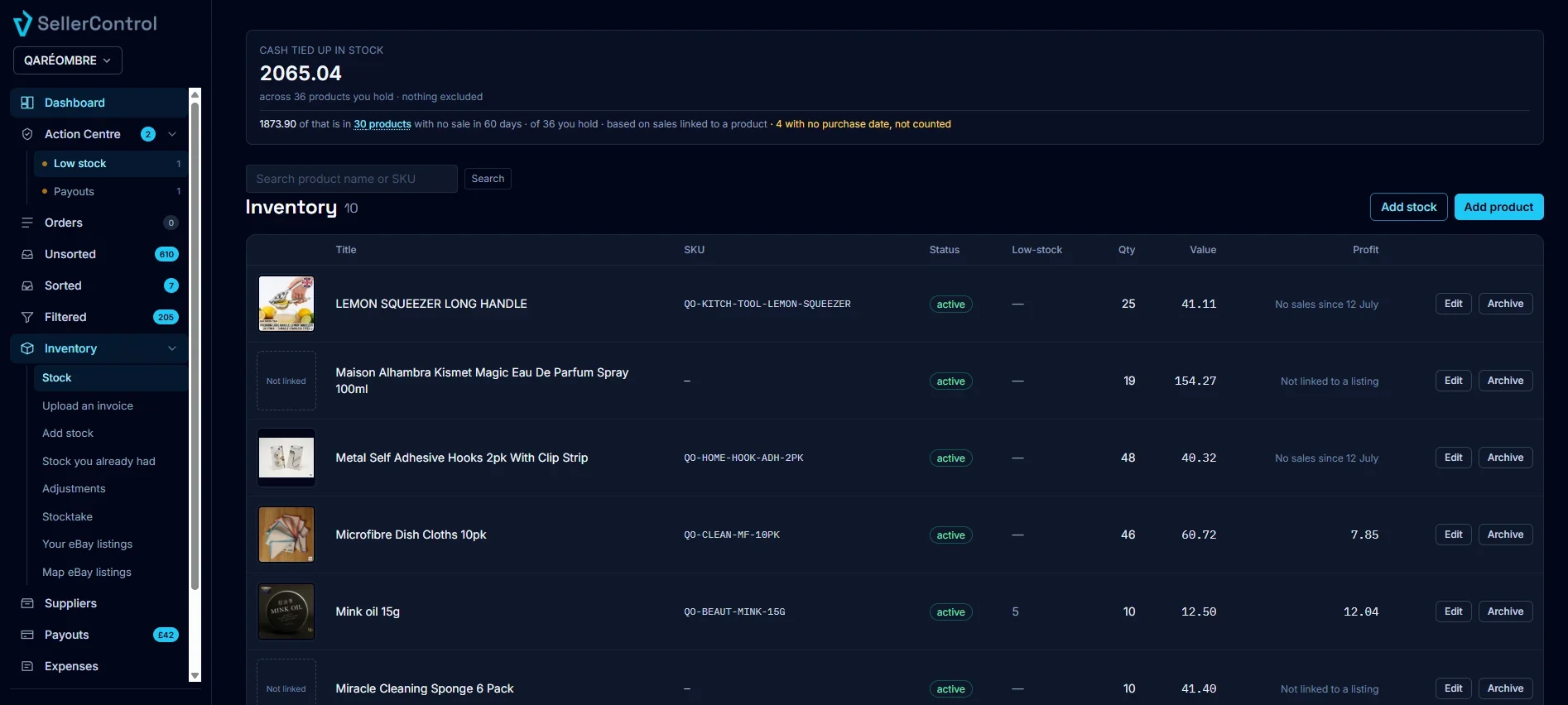 SellerControl showing real stock with the supplier cost against each line